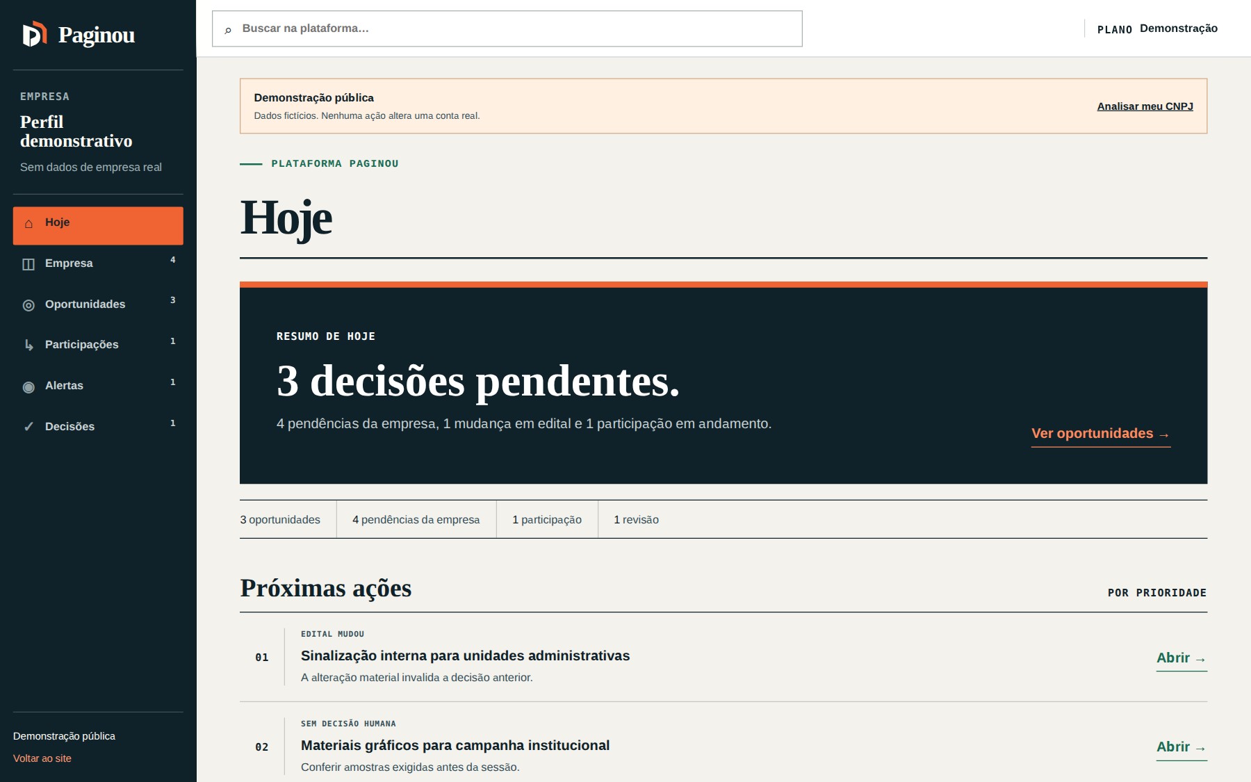 Tela demonstrativa da plataforma Paginou com resumo, oportunidades, documentos, participações e decisões